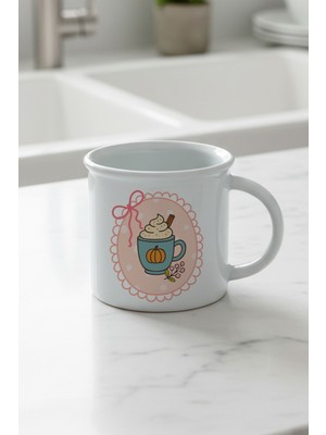 Sonbahar Temalı Pumpkin Spice Latte Baskılı Enamel Görünümlü Seramik Vintage Kupa Bardak