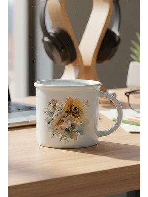 Ayçiçekleri Sonbahar Teması No:3 Baskılı Enamel Görünümlü Seramik Vintage Kupa Bardak