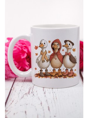 Sonbahar Temalı Sevimli Ördekler Baskılı Hediyelik Kupa Bardak