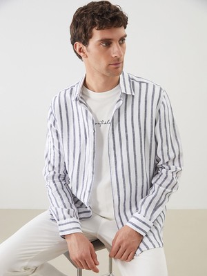 Lc Waikiki Yeni Sezon Regular Fit Uzun Kollu Çizgili %100 Keten Erkek Gömlek