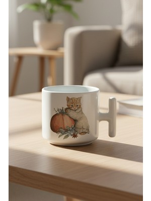 Sonbahar Temalı Sevimli Kedi No:9 Baskılı Hediyelik T Kulplu Latte Fincanı Kupa Bardak