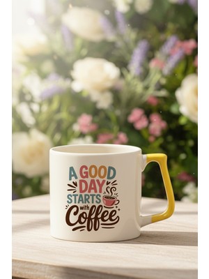 A Good Day Start With Coffee Baskılı Sarı D Kulplu Kupa Bardak
