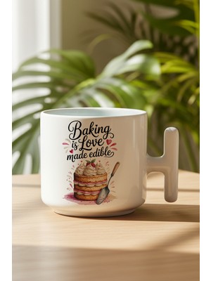 Baking Love Baskılı Hediyelik T Kulplu Latte Fincanı Kupa Bardak