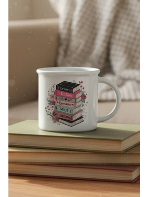 Renkli Kitaplar Baskılı Enamel Görünümlü Seramik Vintage Kupa Bardak