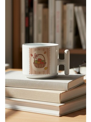 Sonbahar Temalı Elma Sepeti Baskılı Hediyelik T Kulplu Latte Fincanı Kupa Bardak