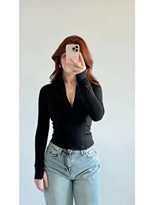 Violon Basic Slim Fit Fermuarlı Bluz Düz Desenli Uzun Kol Kadın Giyimi