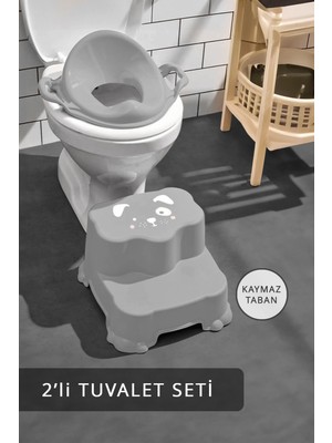 Çocuk Tuvalet Eğitim Seti, Kaydırmaz Basamak ve Kulplu Klozet Adaptörü, Gri