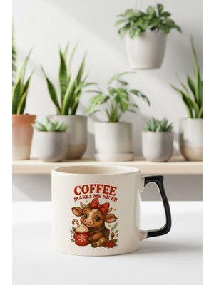 Coffee Makes Me Nicer Sevimli Inek Baskılı Siyah D Kulplu Kupa Bardak