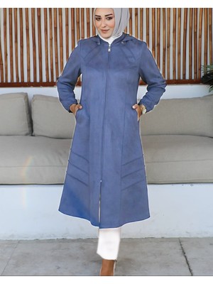 Ahucan Kadın Büyük Beden Kapüşonlu Ara Boy Süet Kap