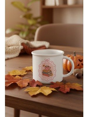 Sonbahar Temalı Kitaplar ve Sıcak Çikolata Baskılı Enamel Görünümlü Seramik Vintage Kupa Bardak