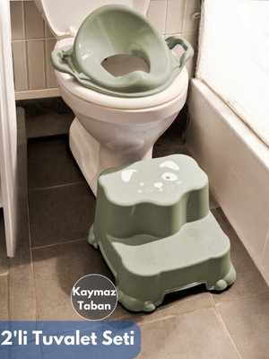 Renkli Çocuk Tuvalet Eğitimi Seti, Kaydırmaz 2 Katlı Tabure ve Kulplu Klozet Adaptörü