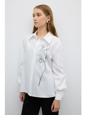 Zincir Işlemeli Uzun Kol Gömlek Beyaz K2613518_002