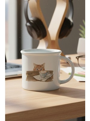 Sonbahar Temalı Sevimli Kedi No:1 Baskılı Enamel Görünümlü Seramik Vintage Kupa Bardak