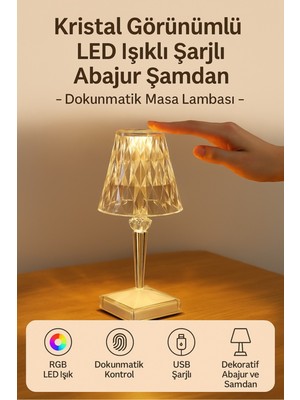 Şarjlı LED Abajur, Dokunmatik Masa Lambası, Dekoratif Gece Işığı, Kristal Görünümlü