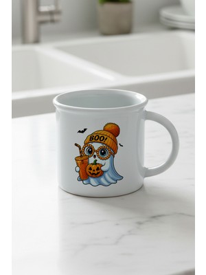 Sonbahar Teması Sevimli Halloween Hayalet Baskılı Enamel Görünümlü Seramik Vintage Kupa Bardak