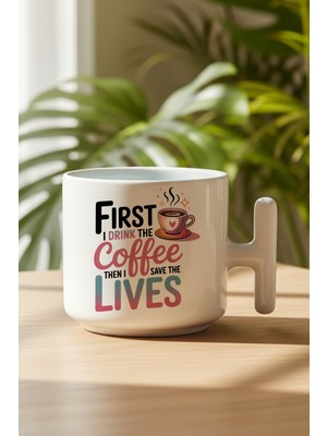 First The Coffee Baskılı Hediyelik T Kulplu Latte Fincanı Kupa Bardak