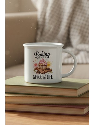 Baking Is The Spice Of Love Baskılı Enamel Görünümlü Seramik Vintage Kupa Bardak