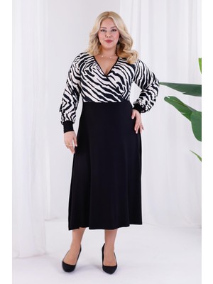 Kadın Siyah Beyaz Zebra Desen Bloklu Kruvaze Yaka Balon Kol Büyük Beden Esnek Maxi Elbise