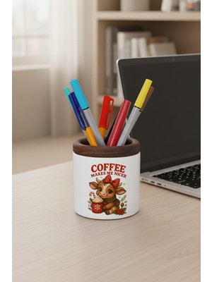 Coffee Makes Me Nicer Sevimli Inek Baskılı Seramik Kalemlik Masaüstü Düzenleyici