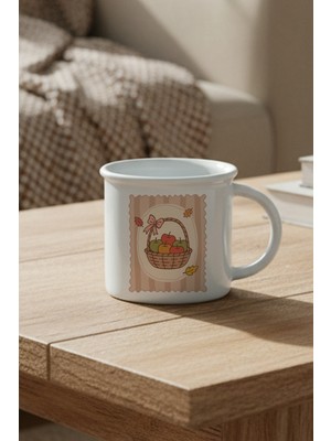 Sonbahar Temalı Elma Sepeti Baskılı Enamel Görünümlü Seramik Vintage Kupa Bardak