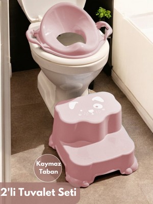 Pembe Çocuk Taburesi, Çift Basamaklı, Güvenli ve Şık Banyo Lavabo Destekli