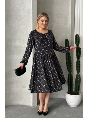 Büyük Beden Uzun Kollu Yakası Bağlama Detaylı Desenli Elbise 100-73