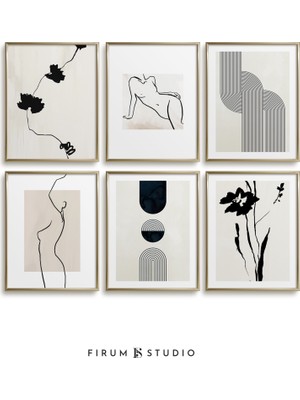 Japandi Duvar Dekoru 6'lı Set, Siyah Bej, Soyut Botanik, Kadın Vücut Çizgi Sanatı