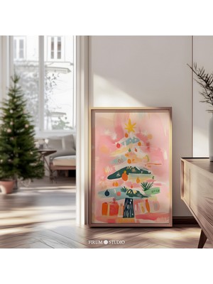 Pastel Pembe Noel Ağacı - Sevimli Bohem Tatil Dekoru | Modern Trend Noel Duvar Sanatı ve Şenlikli Ev Dekoru |