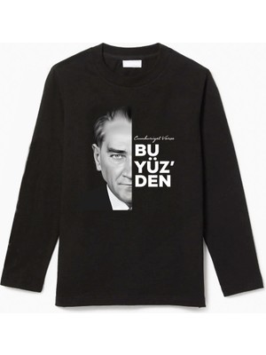 Uzun Kollu Cumhuriyet Varsa Bu Yüz'den Atatürk ve 29 Ekim Baskılı Çocuk T-Shirt