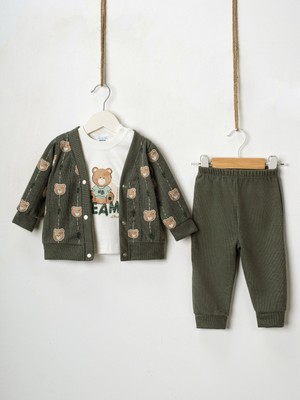 Hoppidik Baby Erkek Bebek 3'lü Selanik Kumaş Hırkalı Takım Ayıcık Hb Baskılı Sweatshirt Beli Lastikli Alt