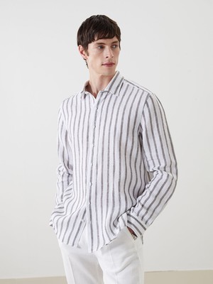 Lc Waikiki Yeni Sezon Regular Fit Uzun Kollu Çizgili %100 Keten Erkek Gömlek