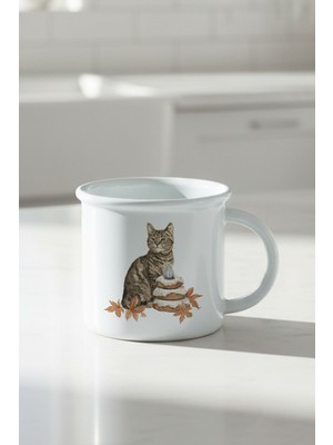 Sonbahar Temalı Sevimli Kedi No:7 Baskılı Enamel Görünümlü Seramik Vintage Kupa Bardak