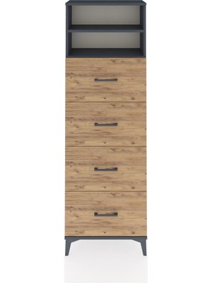 Arges Dolap 2 Raflı 4 Çekmeceli 60X30X182 Antrasit-Çam