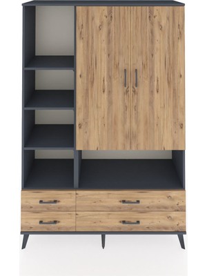 Hyperion Dolap 8 Raflı 4 Çekmeceli 2 Kapaklı 132X44X195 Antrasit-Çam/çam