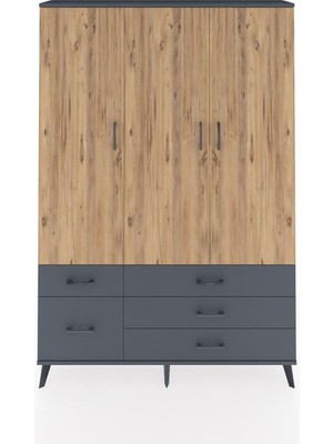 Arges Dolap 5 Raflı 5 Çekmeceli Tek Askılı 132X30X195 Antrasit-Çam/antrasit