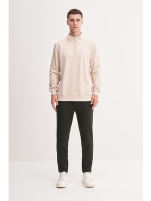 Cazador 53075 Bej Erkek Dik Yaka Yarım Fermuarlı Regular Fit Sweatshirt
