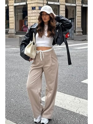 Madmext MG2551 Bej Çift Bel Bantlı Wide Leg Kadın Pantolon Dokuma Kumaş ile Normal Bel Kesimi