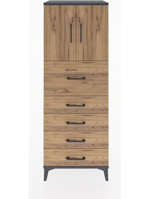 Hyperion Dolap 2 Raflı 5 Çekmeceli 2 Kapaklı 60X44X163 Antrasit-Çam