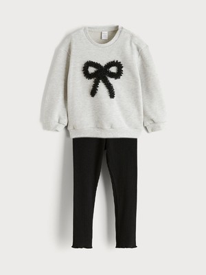 Lc Waikiki Yeni Sezon Fiyonk Baskılı Kız Çocuk Sweatshirt ve Tayt 2'li