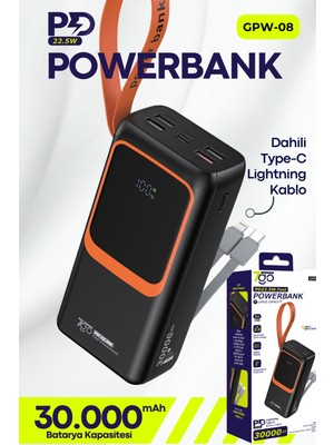 7go Gpw-08 30000MAH PD22.5W Hızlı Şarj Powerbank | 4 USB Çıkışlı, Dahili Type-C & Lightning Kablolu, Dijital Ekranlı Taşınabilir Şarj Cihazı