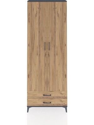 Arges Dolap 2 Raflı 2 Çekmeceli Tek Askılı 88X30X243 Antrasit-Çam