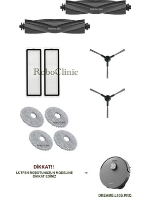 Roboclinic Dreame L10s Pro Robot Süpürge Uyumlu Yedek Fırça, Hepa Filtre, Mop Paspas - 10 Parça
