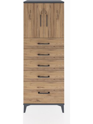Hyperion Dolap 2 Raflı 5 Çekmeceli 2 Kapaklı 60X44X163 Antrasit-Çam