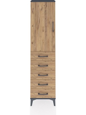 Arges Dolap Tek Raflı 5 Çekmeceli Tek Askılı 44X30X182 Antrasit-Çam