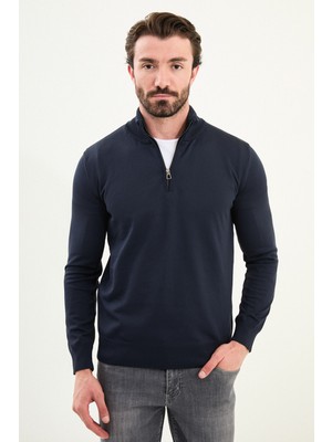 Düz Slim Fit Fermuarlı Yarım Balıkçı Erkek Triko Kazak