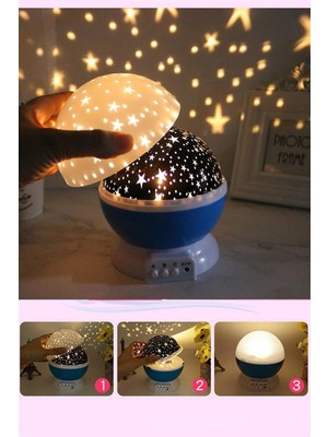 Mavi Dönen Projeksiyon Gece Lambası, Ay ve Yıldız Temalı, Duvar Dekor LED Işık