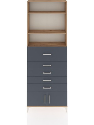 Arges Dolap 3 Raflı 5 Çekmeceli 2 Kapaklı 88X30X243 Çam-Antrasit