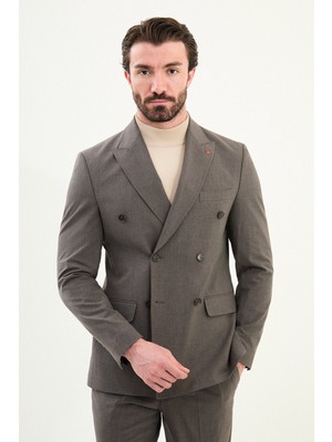 Düz Slim Fit Geniş Yaka Kruvaze Erkek Takım Elbise