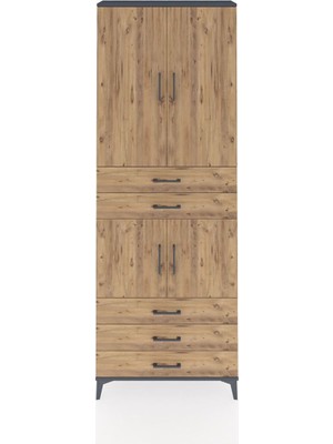 Arges Dolap 4 Raflı 5 Çekmeceli 4 Kapaklı 88X30X243 Antrasit-Çam