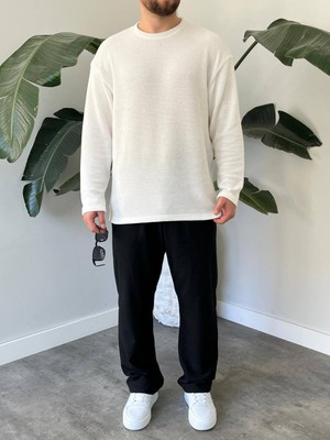 Bay Aygün Bayaygun 5114 Oversize Bisiklet Yaka Şonil Triko Kazak_beyaz